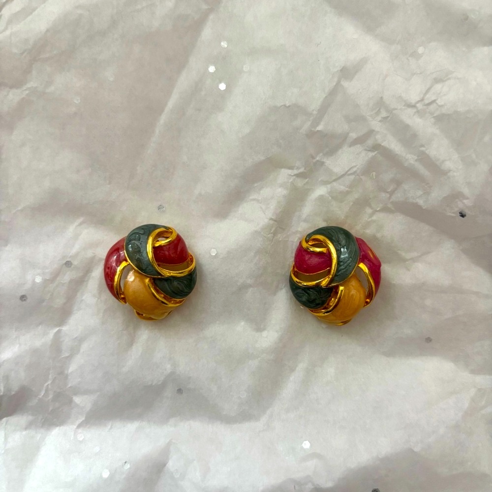 Vintage Elegant Gold Tone Multicolor Knot Clip On Earrings